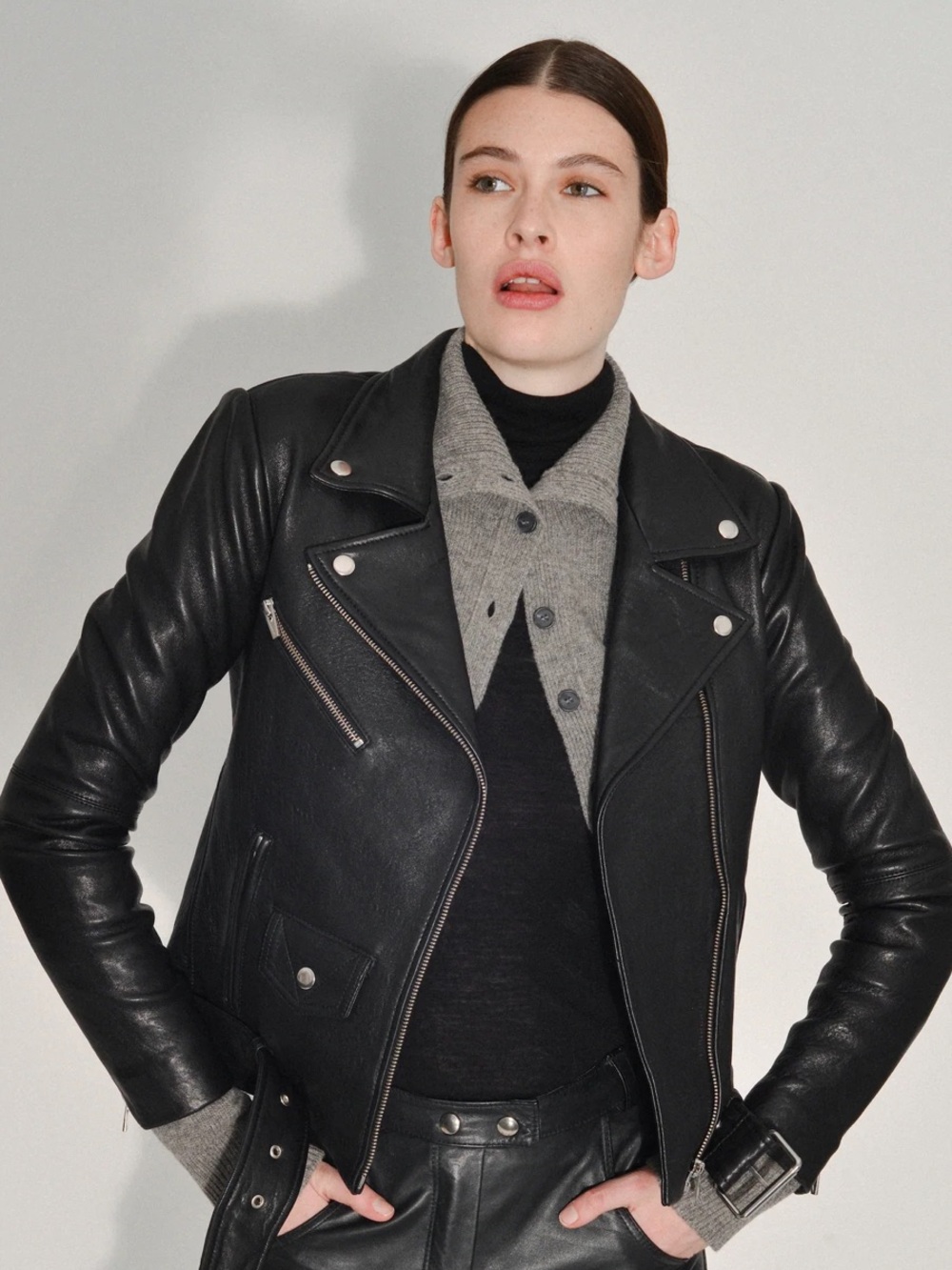 Veda Black Leather Moto Jacket with Belted Waist